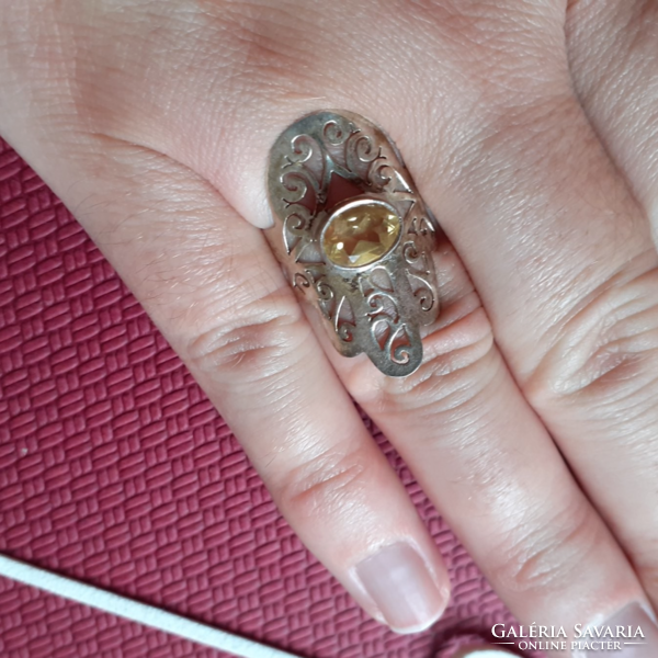 Silver hamsha ring with real citrine stone, size 20-22