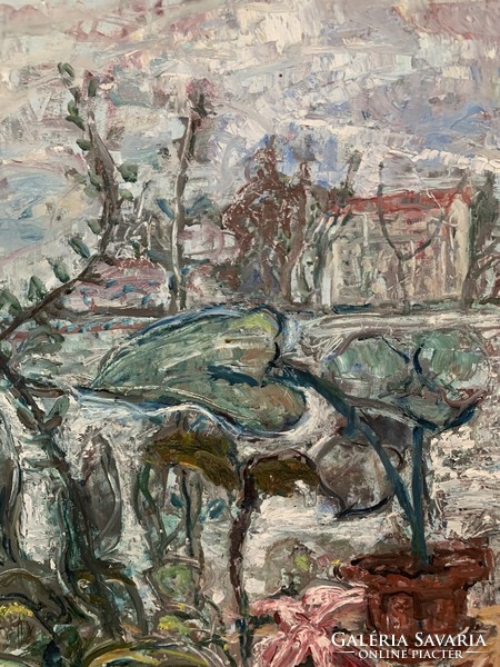 Abstract landscape: view of an Italian villa from the window, 1950