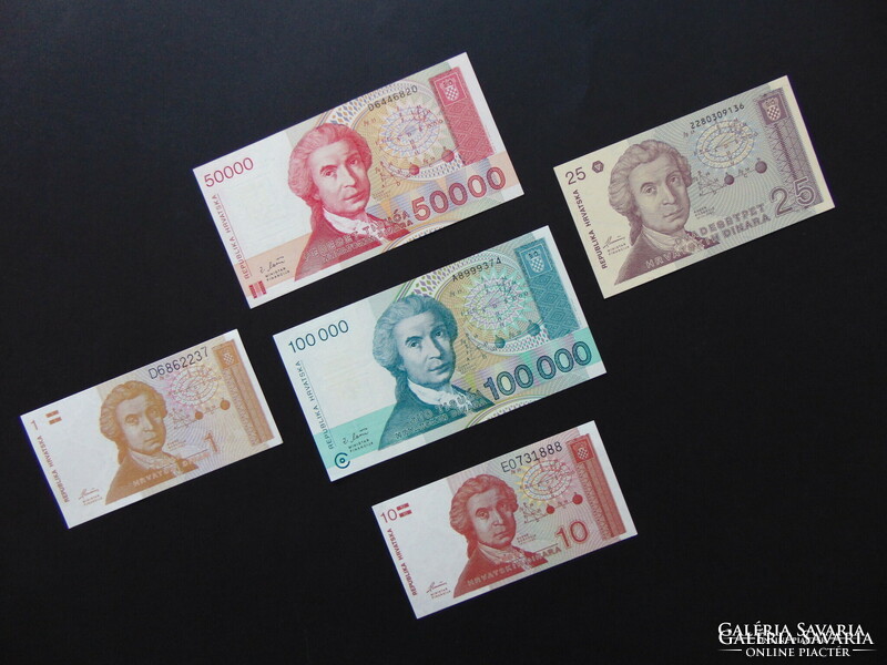 Horvátország 5 darab dinár bankjegy LOT ! Hajtatlan bankjegyek