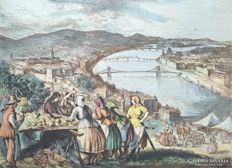 Kálmán Istókovits: Gellért mountain fair (old colored etching) Budapest panorama, cityscape, skyline