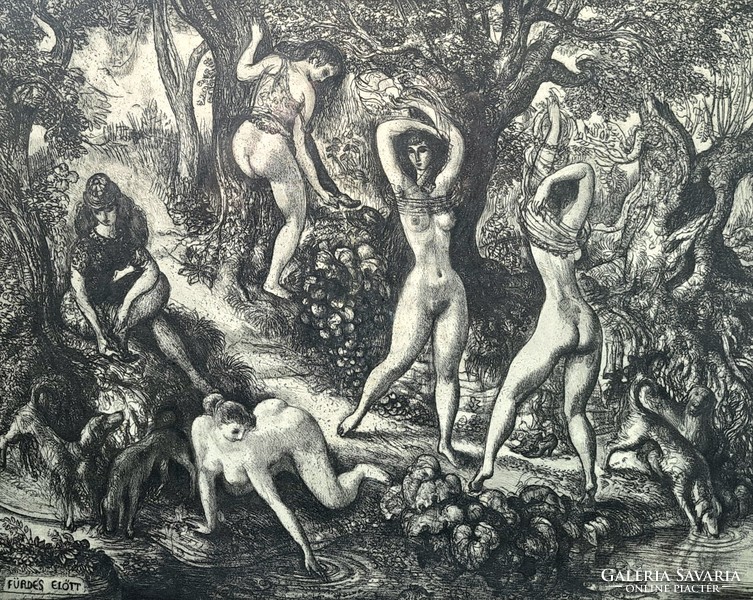 vladimir Szabó: before bathing (signed etching) nudes, scene