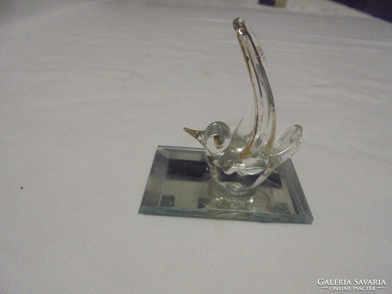 Retro glass figurine - swan, mirrored thermometer, bird on mirrored base, duck - together