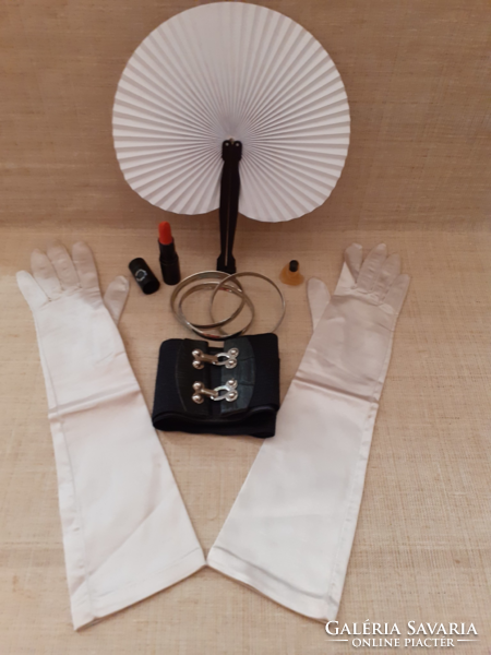 Vintage long silk gloves rubber belt fan three row bracelet with lipstick perfume accessories