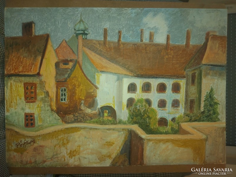 L.Kovács Júlia/Pósfai Júlia/Pósfainé: "Kőszegi sétány", festmény, olaj, karton, 50x70 cm
