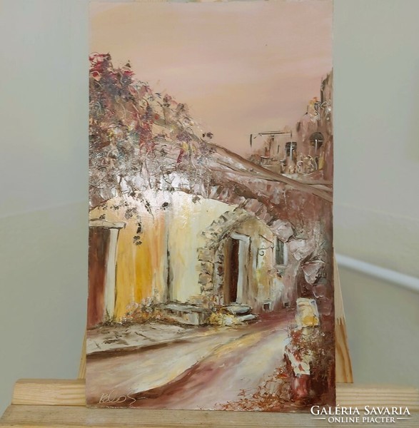 (K) Belák's painting of a narrow alley, 30x50 cm