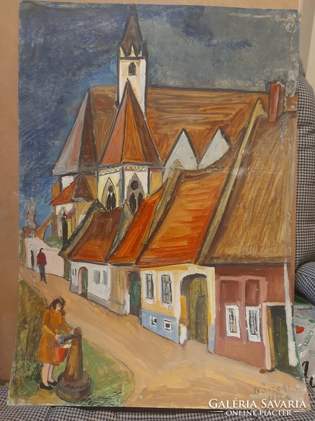 L.Kovács Júlia/Pósfai Júlia/Pósfainé: "Kőszegi utca", kétoldalas festmény, olaj, karton, 50x69 cm
