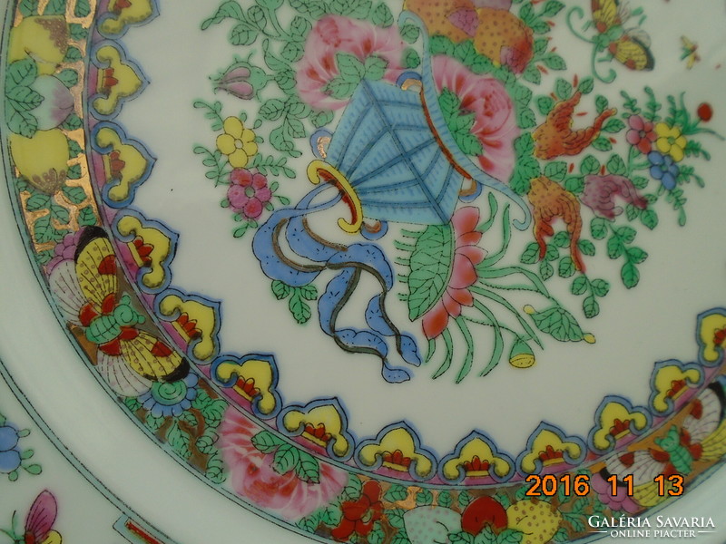 20 Sz canton hand-painted, hand-marked rose bird plate with gold Chinese iconography