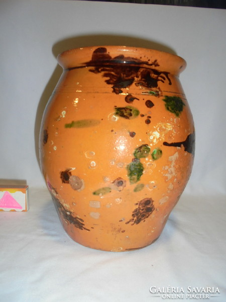 Antique glazed earthenware jar, jam jar - folk ceramics, large size, 22 cm