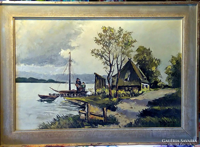 Not to be missed _ Dutch lakeside oil painting in a fabulous picture frame (70 x 50.5)