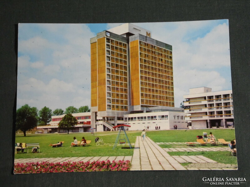 Postcard, Balatonfüred, marina hotel skyline, park detail with people