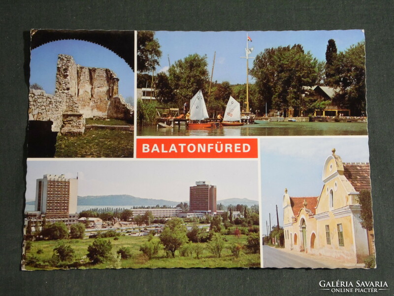 Képeslap, Balatonfüred, mozaik részletek,látkép,rom templom,part,vitorlás,szálló,hotel