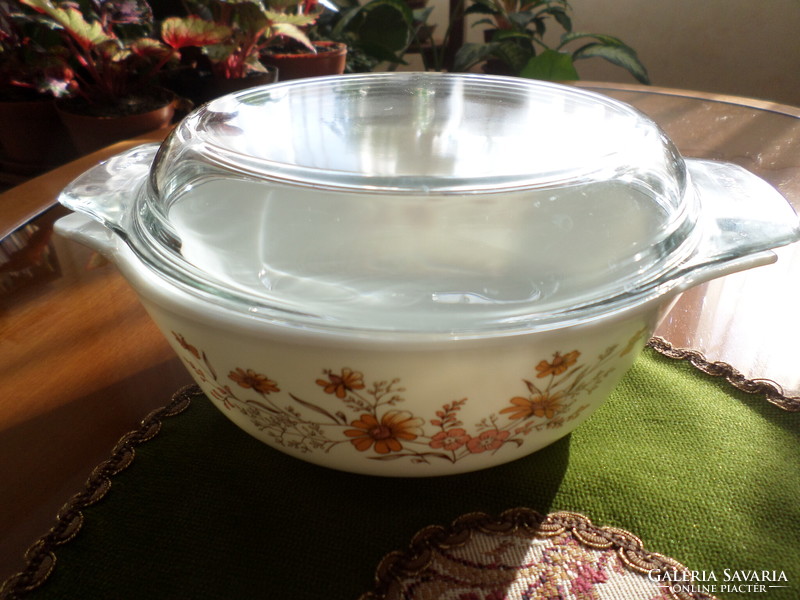 Heat-resistant Jena bowl/lid with a beautiful pattern, milk glass, English pyrex