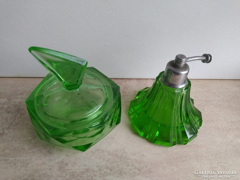 Zöld art deco piperés csiszolt üvegcse szett