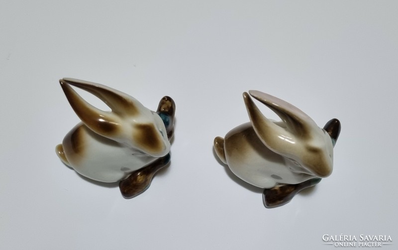 2 Zsolnay bunnies, one with blue eyes is rare! Porcelain figure nipp