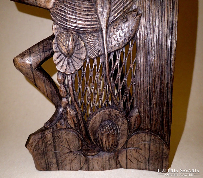 Vintage carved marked hatted folk fisherman figure rosewood carving wood sculpture wood carving fish net