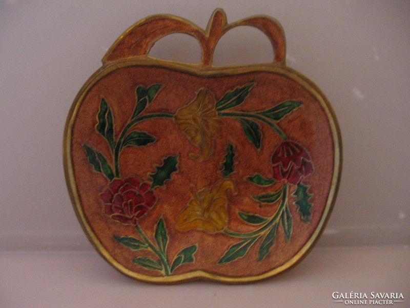 Apple-shaped fire enamel copper bowl from India