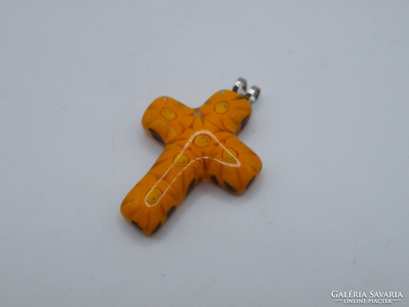 Uk00241 original marked murano sun yellow glass cross pendant millefiori