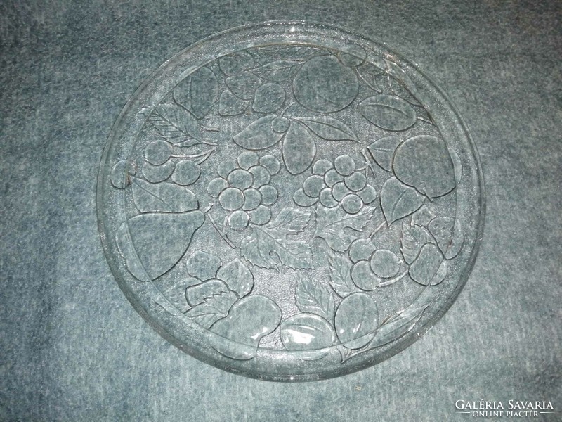 Fruit-patterned glass serving dish, cake plate, centerpiece, diam. 31 cm (a9)