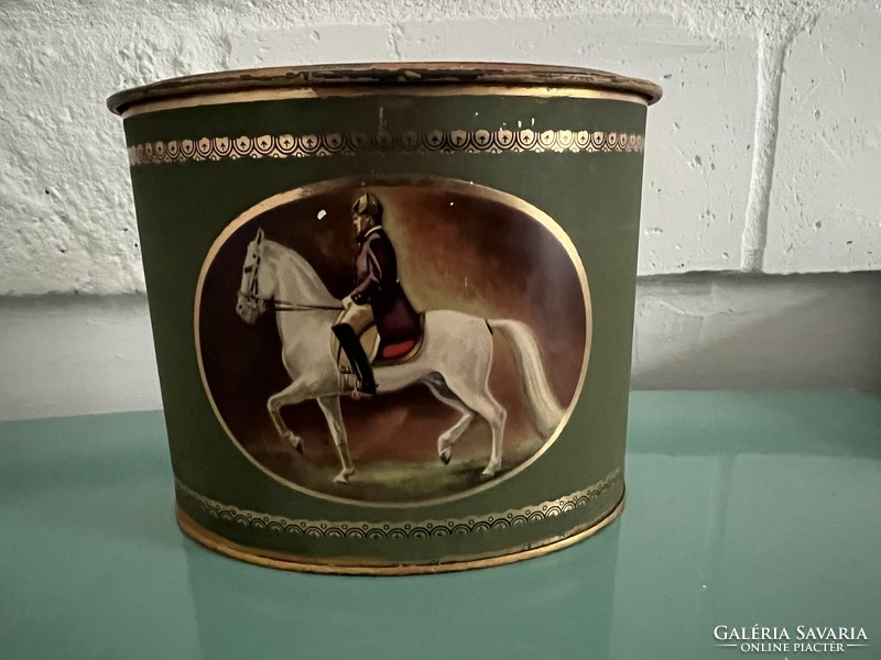 Old equestrian metal box coffee can