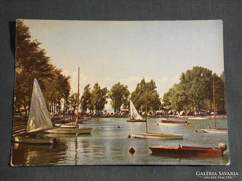 Postcard, balaton boglár, pier, harbor detail, sailing ship, landscape camping, camping