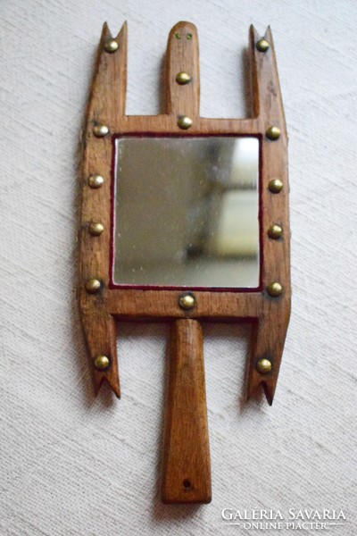 Old carved folk hand mirror, spiritual, animal symbol, Indian 31x13x2 cm