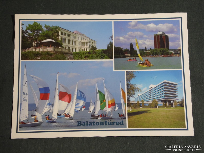 Képeslap, Balatonfüred,mozaik részletek, szívkórház,hotel,szálló,vitorlás hajó,látkép