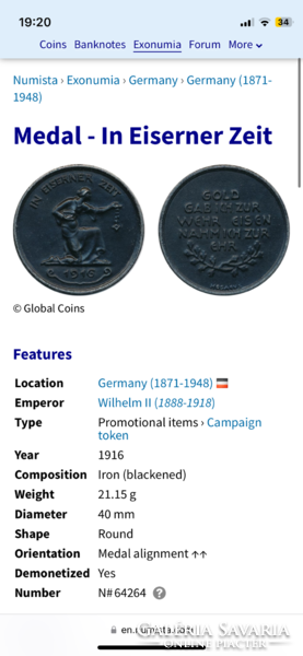 Német medál 1916 In Eisener Zeit