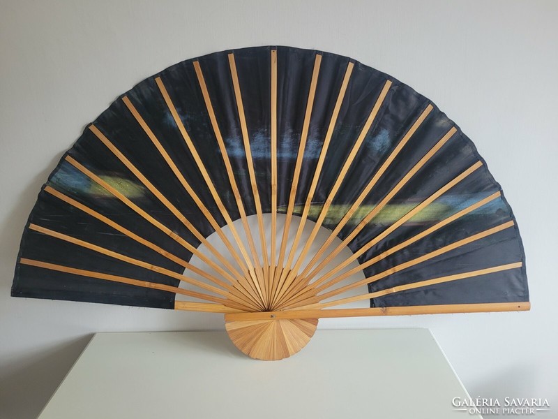 Régi keleti mintás bambusz legyező fekete japán falidísz dekoráció 150 cm