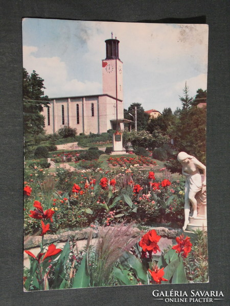 Postcard, balaton boglár, church skyline, park flower garden monument, nude statue entering water, detail
