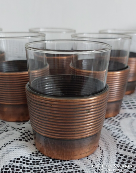 Vintage , retro régi iparművészeti üveg pohár készlet  bronz színű fém  tartóban  6 db