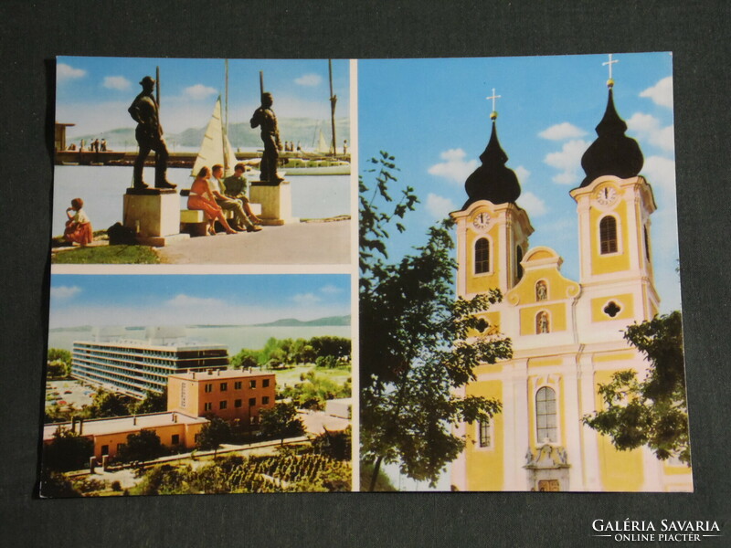 Képeslap, Balatonfüred,mozaik részletek,hotel,révész halász szoborpár,templom