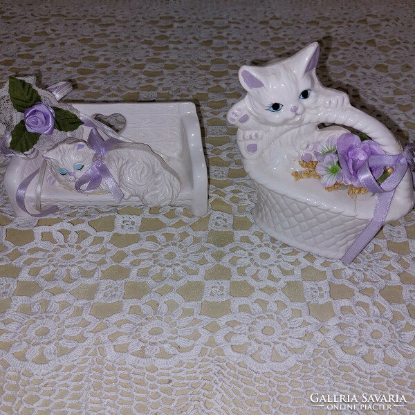 Porcelain kittens, in a basket and on a bench, nipp