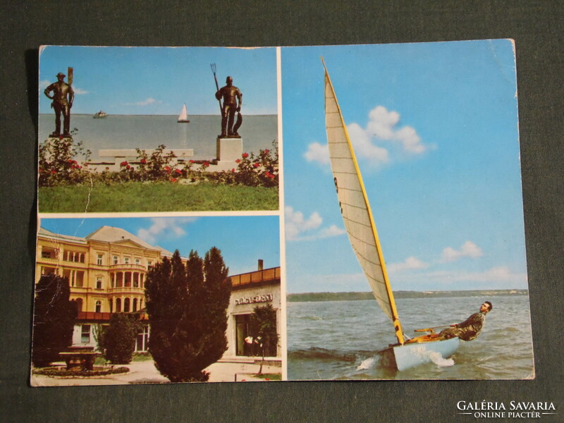 Postcard, Balatonfüred, mosaic details, heart hospital, Révés fisherman statue couple, sailing ship