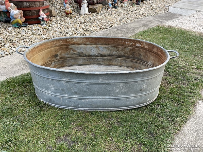 Huge tin galvanized bowl, 2-handled tub, vase, flower pot, village rustic decoration