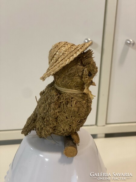 From the owl collection, an old owl figure with a straw hat is made of natural materials, 12 cm