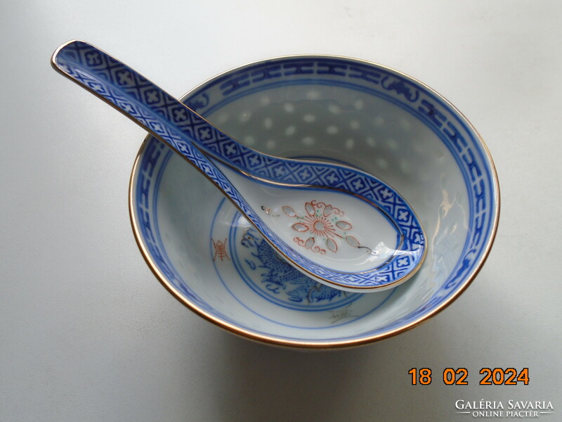 Dragon-pattern rice bowl with spoon, symbols of long life and wisdom, with golden decorative strip