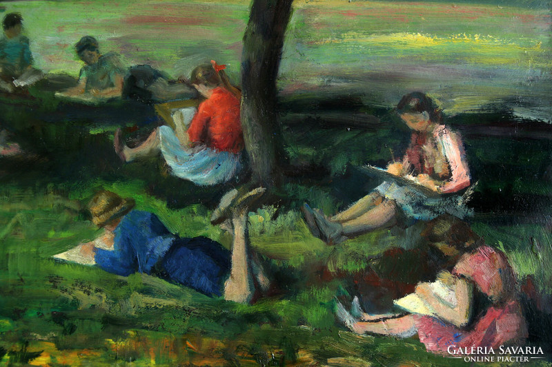 Bela of Russia - drawing school iii. 1957. Oil cardboard grove garden maypole painter drawing children's painting camp