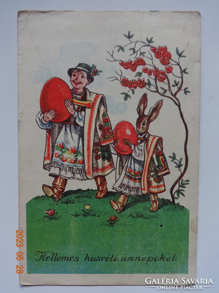 Régi grafikus húsvéti üdvözlő képeslap - fiú és nyúl népviseletben, tojással
