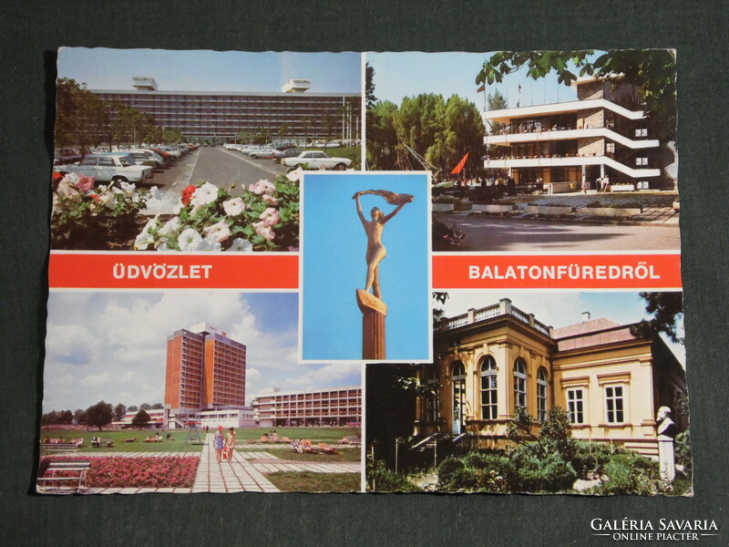 Képeslap, Balatonfüred,mozaik részletek,hotel, Jókai emlékház,Balatoni szél szobor, kikötő