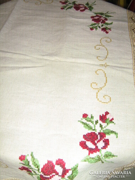 Fabulous hand-embroidered rosy tablecloth with lacy edges