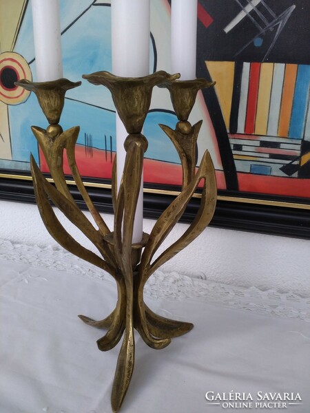 Solid brass, Art Nouveau floral candle holder from the 1950s