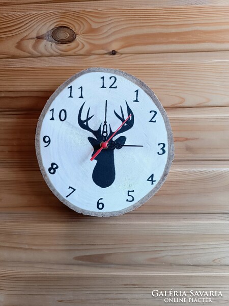 Walnut disc wall clock with deer silhouette