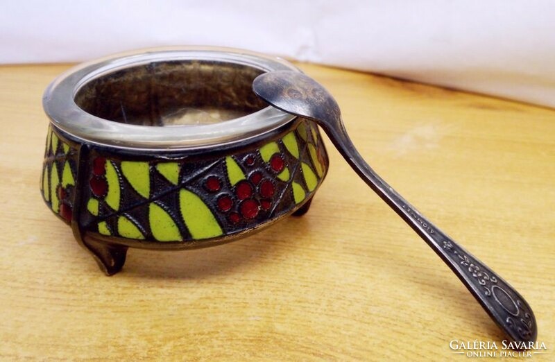 Antique caviar dish for gourmets. Glass enamelled glass with insert spoon, from Russia.