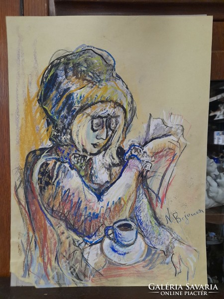 Natalia Bejenaru (1951) Kávézó Nő Színezett Akvarell.40 x 30 cm.