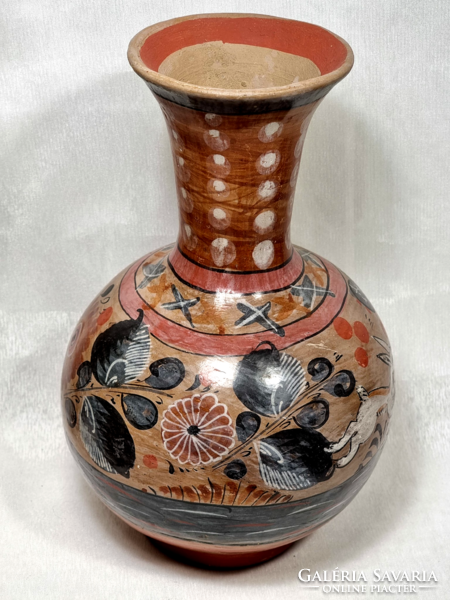 * JG MEXICO kézzel festett állatos jelenetes kerámia váza.