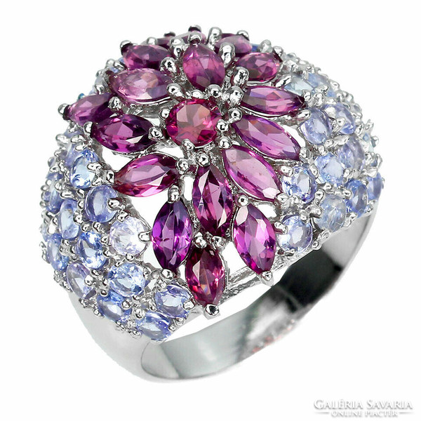 925 ezüst Gyűrű valódi drágakövekkel ( tanzanit, rhodolite gránátkő)