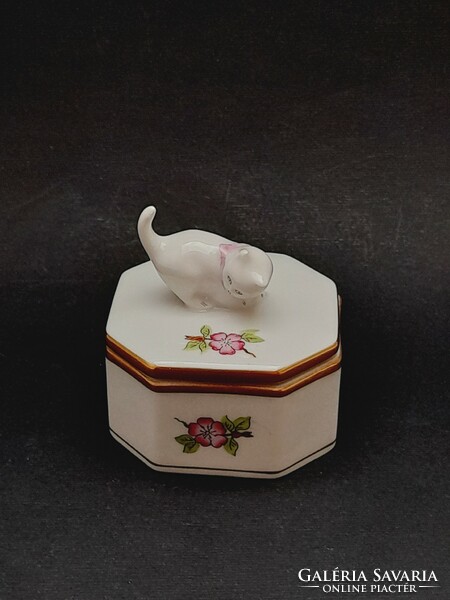 Herend small storage box with cat holder, jewelry holder, box, 6 cm