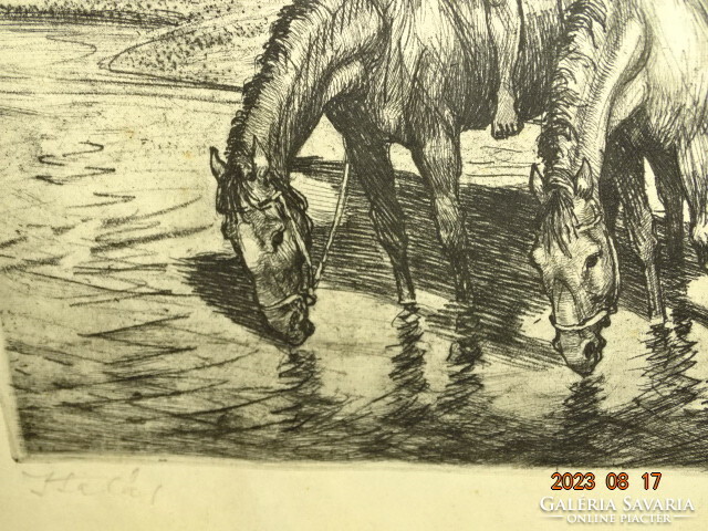 István Biai Föglein (1905-1974): watering, etching (horses)