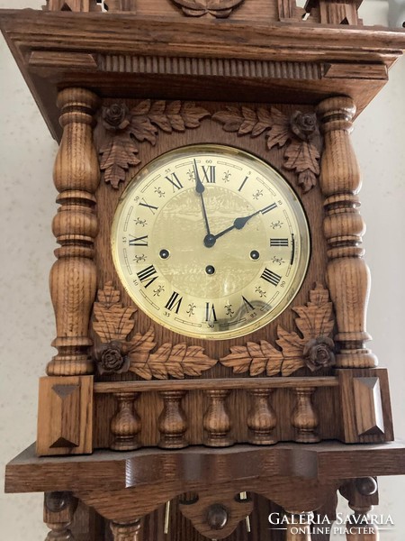 Hermle 3-tone carved oak wall clock