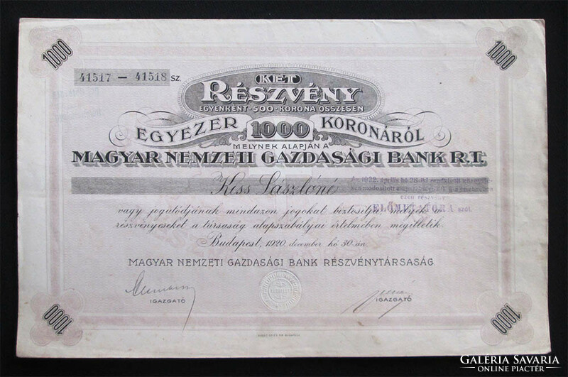 Hungarian National Economic Bank share 2x500 crowns 1920 - irredenta